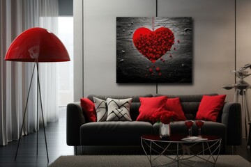 A cozy and welcoming home adorned with a red heart, set against a background of black leather. Symbolizing happiness and love in family life. Emphasizing the importance of building a strong foundation