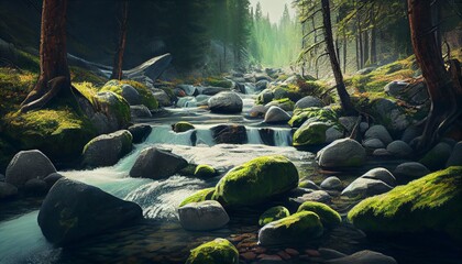 river in the forest with beautiful nature. Generative in ai