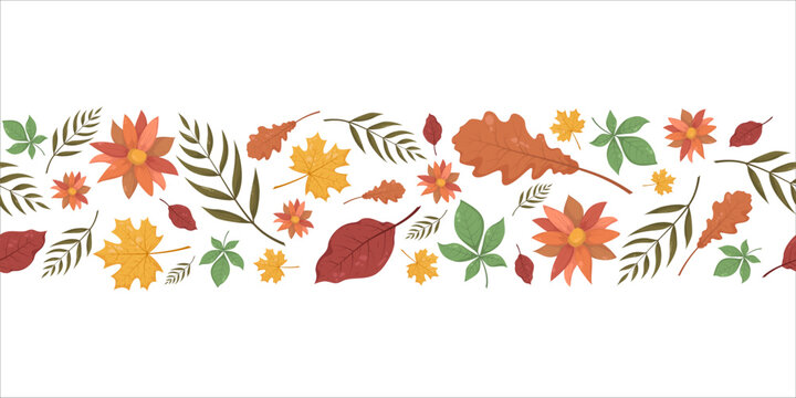 Seamless horizontal banner pattern with autumn fall leaves and branches. For wallpaper, wrapping paper, web sites, background, social media, blog, greeting cards, advertisingeting.