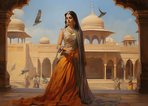 A beautiful painting of an young Indian woman. Portrait painting. Young Indian woman in saree. Generative AI.