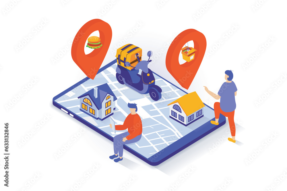 Poster food delivery concept in 3d isometric design. people ordering products bags and fast food meal, payu