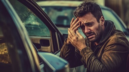 Crash car and thoughtful man.