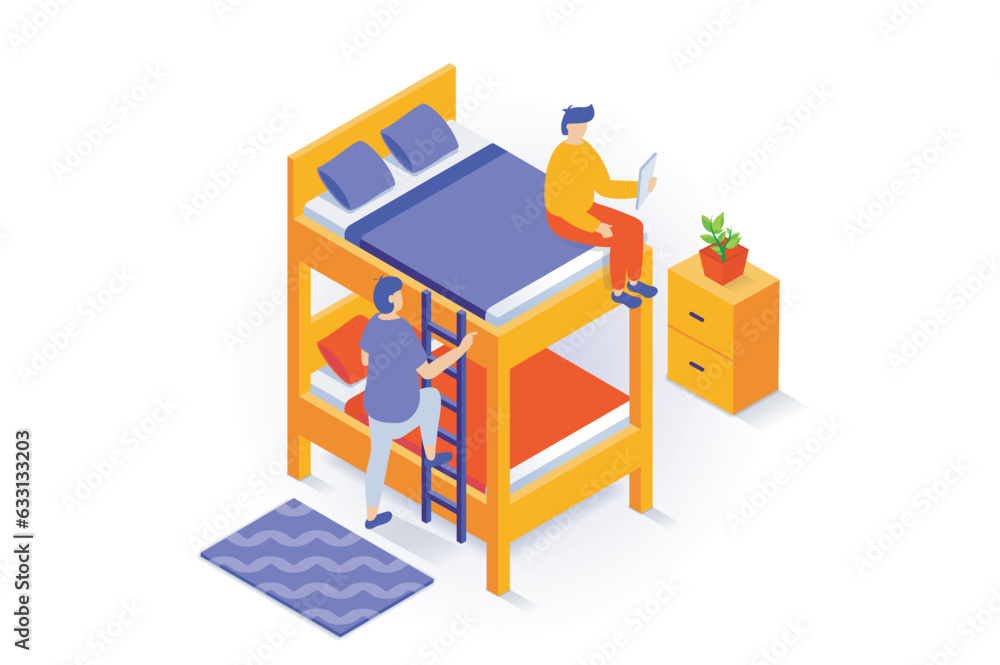 Aufkleber home interior concept in 3d isometric design. people preparing to sleep in bedroom with bunk bed wit
