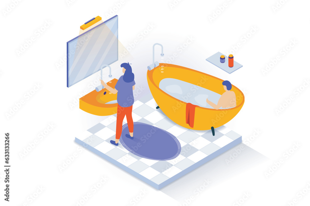 Poster Home interior concept in 3d isometric design. People in bathroom with bathtub, flooring with carpet, mirror and washbasin, shelf with shampoo. Vector illustration with isometry scene for web graphic