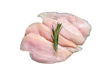 Raw sliced chicken breast fillet steaks on a marble board. High quality Isolate, transparent 