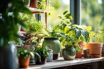 A vibrant and genuine interior of a home with a focus on bringing nature inside. The creative containers and decorations on the windowsill showcase indoor plants. Embracing the concept of urban jungle
