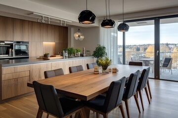 In a modern apartment, there is a spacious dining area situated near the kitchen. The dining room features a long table and comfortable chairs, which are ideally positioned by an open balcony door - obrazy, fototapety, plakaty