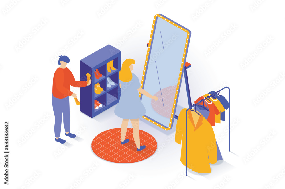 Aufkleber home interior concept in 3d isometric design. people stand in dressing room, fitting clothes by mirr