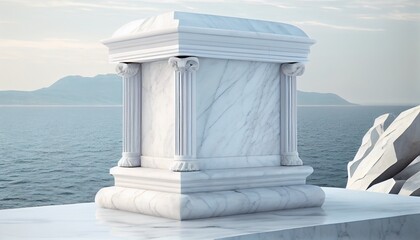 white blank marble table top view with blurred ocean sea island background with blue sky. Generative in ai - Powered by Adobe