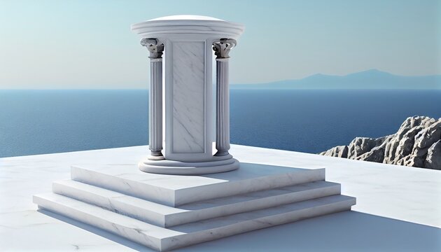 white blank marble table top view with blurred ocean sea island background with blue sky. Generative in ai