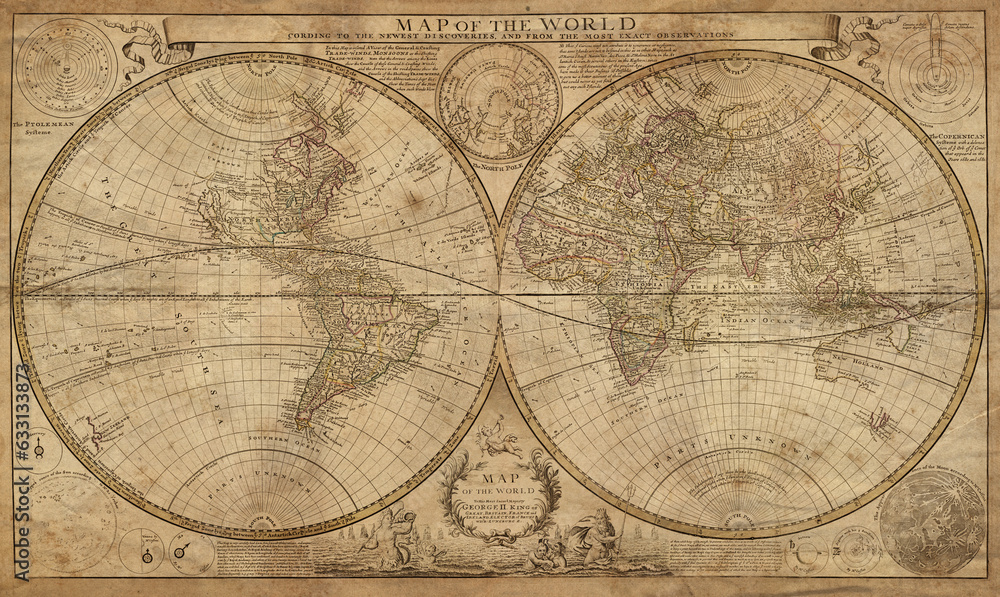 Poster old geographical map of the world of the 18 century. collage. a good background for design on the th
