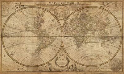 Old geographical map of the world of the 18 century. Collage. A good background for design on the...