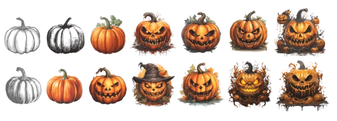 Tuinposter Halloween Pumpkins. Large set of vector isolated holiday pumpkins in different drawn styles. Pencil sketch, watercolor, 3d vectorized illustrations.  © Molibdenis-Studio