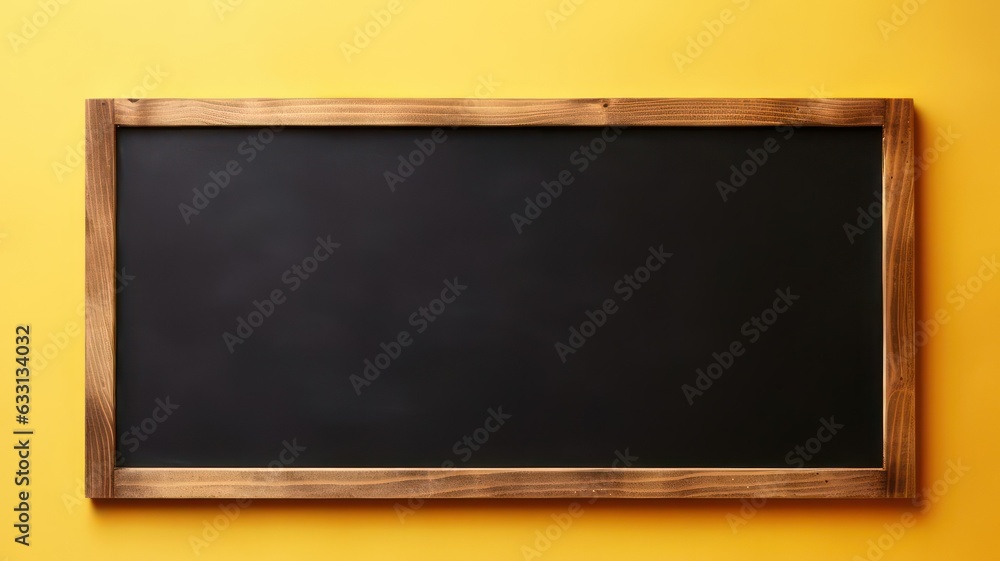 Poster empty blackboard with wooden frame on wooden table over yellow background created with generative ai