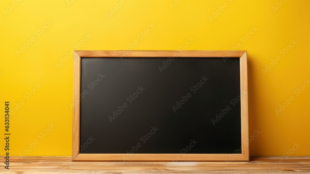 Poster empty blackboard with wooden frame on wooden table over yellow background created with generative ai