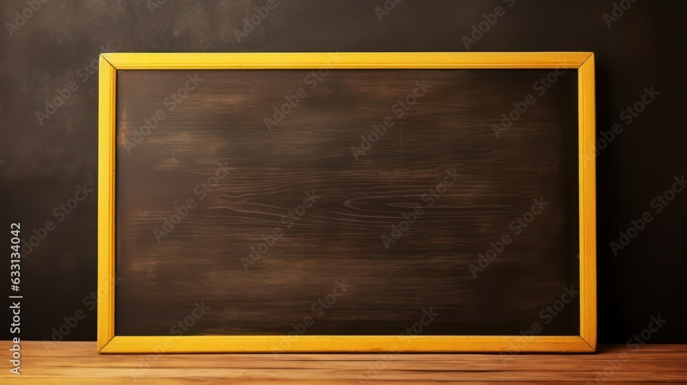 Aufkleber empty blackboard with wooden frame on wooden table over yellow background created with generative ai