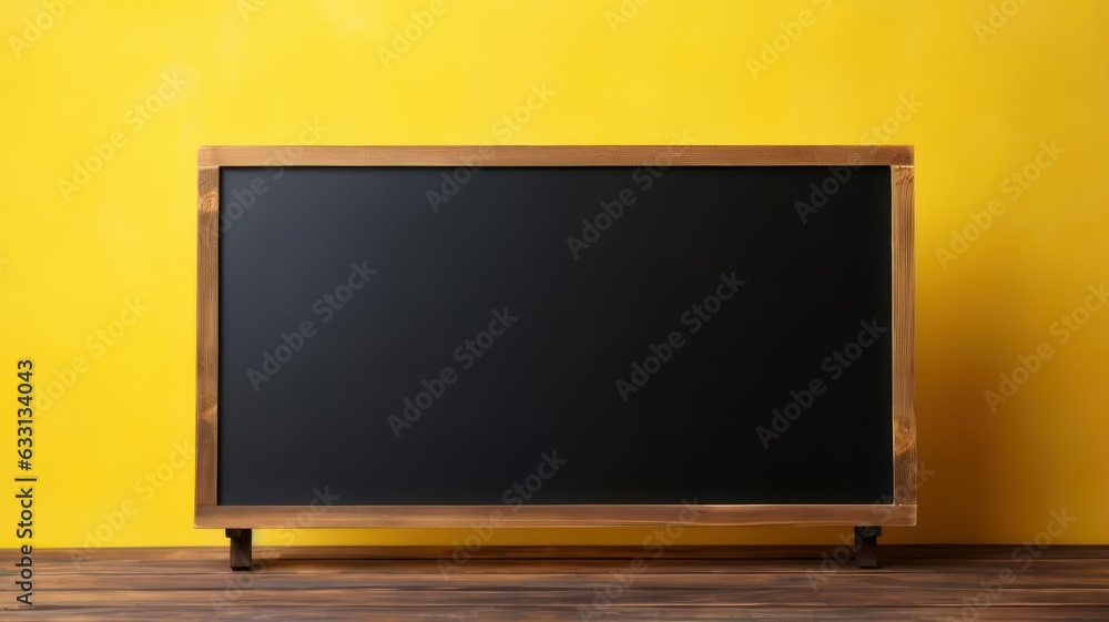Poster empty blackboard with wooden frame on wooden table over yellow background created with generative ai