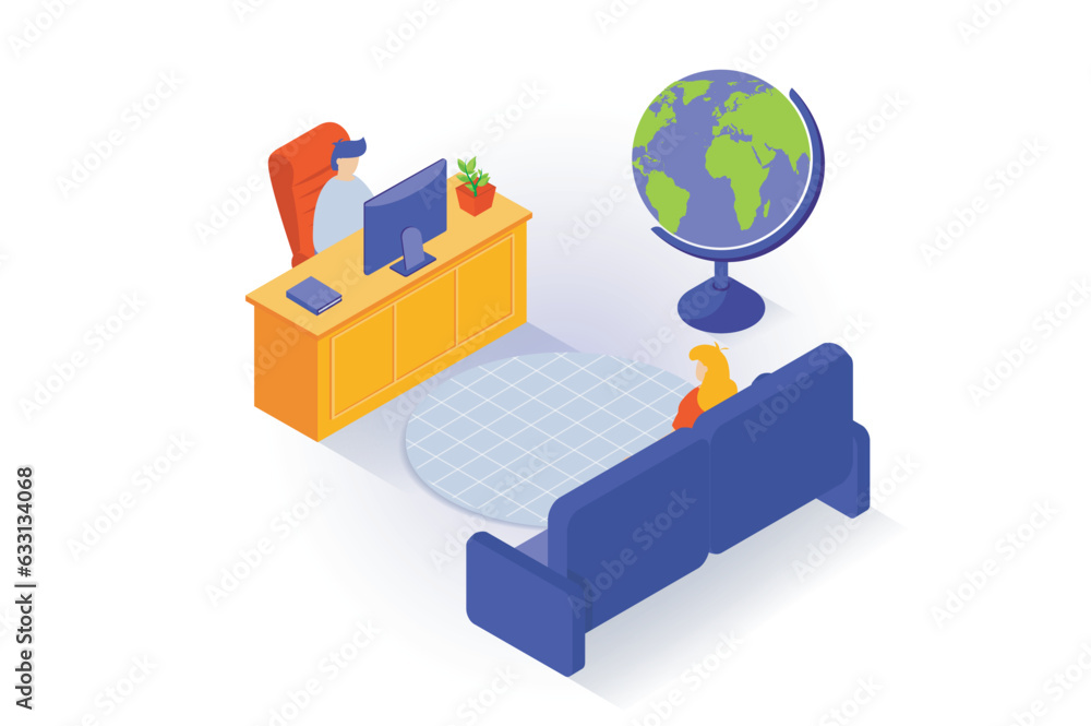 Aufkleber Home interior concept in 3d isometric design. People in boss office or reception room with desk and computer, globe and big sofa for visitors. Vector illustration with isometry scene for web graphic