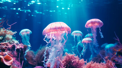 Light violet jellyfish underwater photography. Close up tentacles wild nature aquarium translucent dangerous poison water creature photo