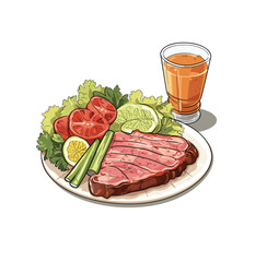 Beef steak, food dish with vegetables and cold drink isolated on white background.