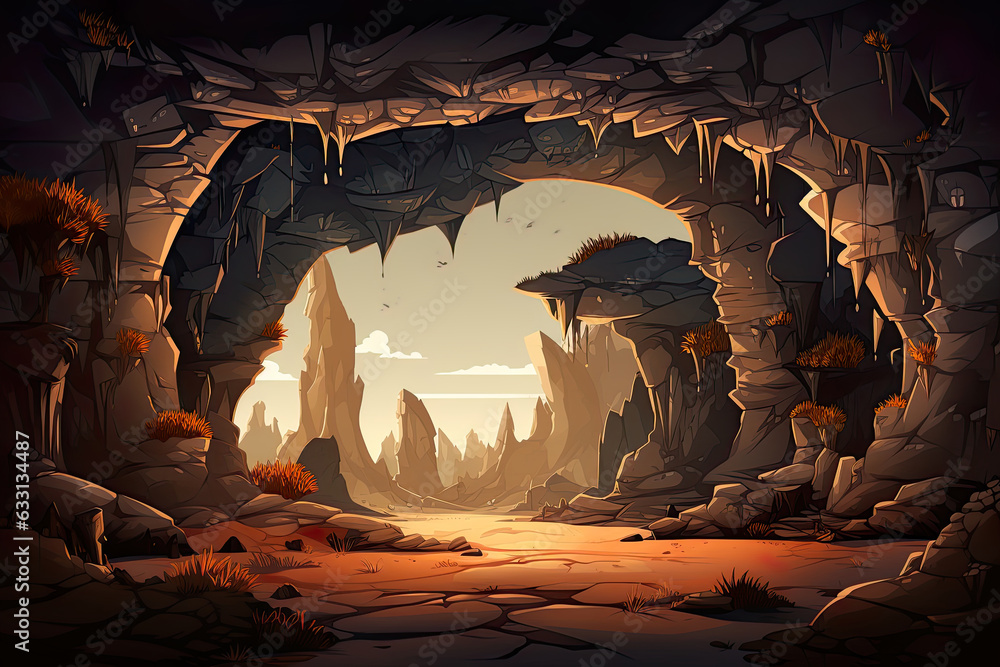 Wall mural abstract 2d desert cave background environment for adventure or battle mobile game. desert cave cart