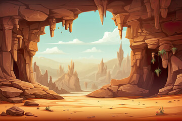 Abstract 2D desert cave background environment for adventure or battle mobile game. Desert cave cartoon style with rocks in game art background environment.