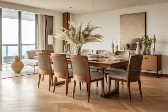 The dining room has a fashionable and neutral beige interior, featuring a beautifully designed wooden table and chairs, adorned with a vase of flowers. It is enhanced with elegant rattan accessories