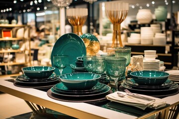 Observation of a wide variety of interior decor items available for purchase at a store located in a shopping mall. The store specializes in selling home accessories and products for the dining room