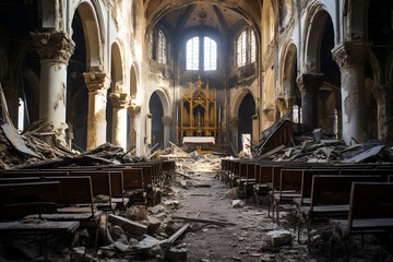 Shattered Sanctity, The Devastated Interior of a Church Ravaged by Conflict or Catastrophe