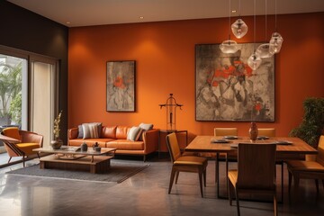 The living room is designed with a trendy and contemporary aesthetic, featuring a dining area and a wall painted in a warm, rusty hue.