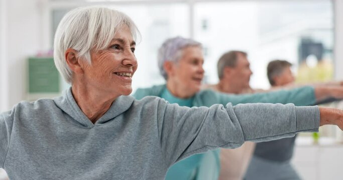 Old people in yoga class, fitness and stretching with happiness, wellness and retirement. Health, exercise and warm up, women and workout with elderly care and zen, mindfulness and vitality in gym