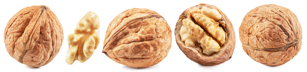 Set of whole walnuts, walnut kernel and cracked walnut isolated on white background.