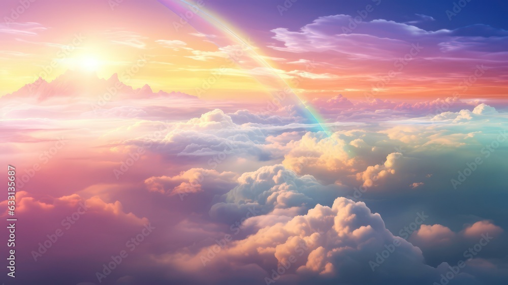 Poster beautiful rainbow over the clouds at sunset created with generative ai