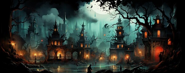 Obraz na płótnie Canvas Halloween night with a spooky house and bats, halloween background.