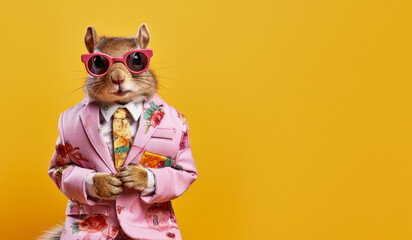 Cool looking squirrel wearing funky fashion dress - jacket, tie, glasses. Wide banner with space for text at side. Stylish animal posing as supermodel. Generative AI