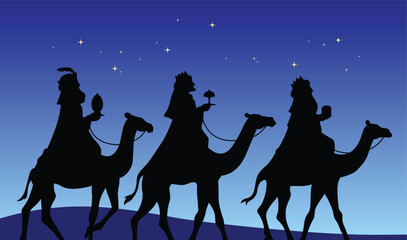 Three wise men riding camels black silhouette shape vector. Three biblical kings or magi in desert at night with a starry sky.