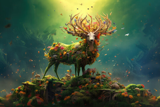 abstract nature background illustration art with green forest and deer