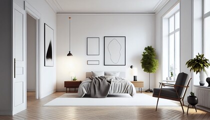 A white minimalist room bathed in soft, natural light. Clean lines define modern furniture, a glass coffee table, and contemporary art adorning the walls including a sleek sofa. Generative in ai