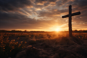 Serene Cross Illuminated by Sunset in Vast Field