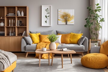 The living room interior exudes a trendy boho vibe, featuring a sleek gray sofa, a wooden coffee table, a stylish commode, and tasteful personal accessories. The addition of honey yellow pillows and a