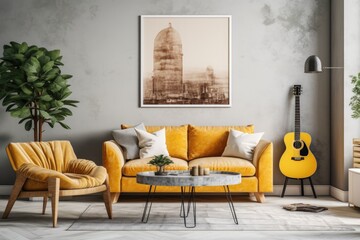 Template for a dining room with a vintage and comfortable atmosphere, featuring a mock up poster frame, a yellow sofa, a coffee table made of marble, a guitar, an armchair, plants, a commode, various