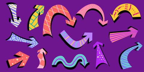 Arrow playful colorful set. Quirky various arrow for kids and funny design. Vector illustration. Playful cool element. Trendy simple illustration.