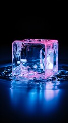 Close-up ice cube with pink glow. Generative AI