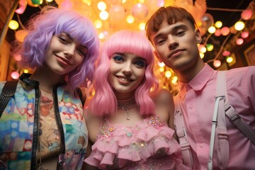 Two girls with lilac and pink hair, wearing extravagant colorful clothes, and a young man, smiling and ready to go to a party. Illustration. Generative AI