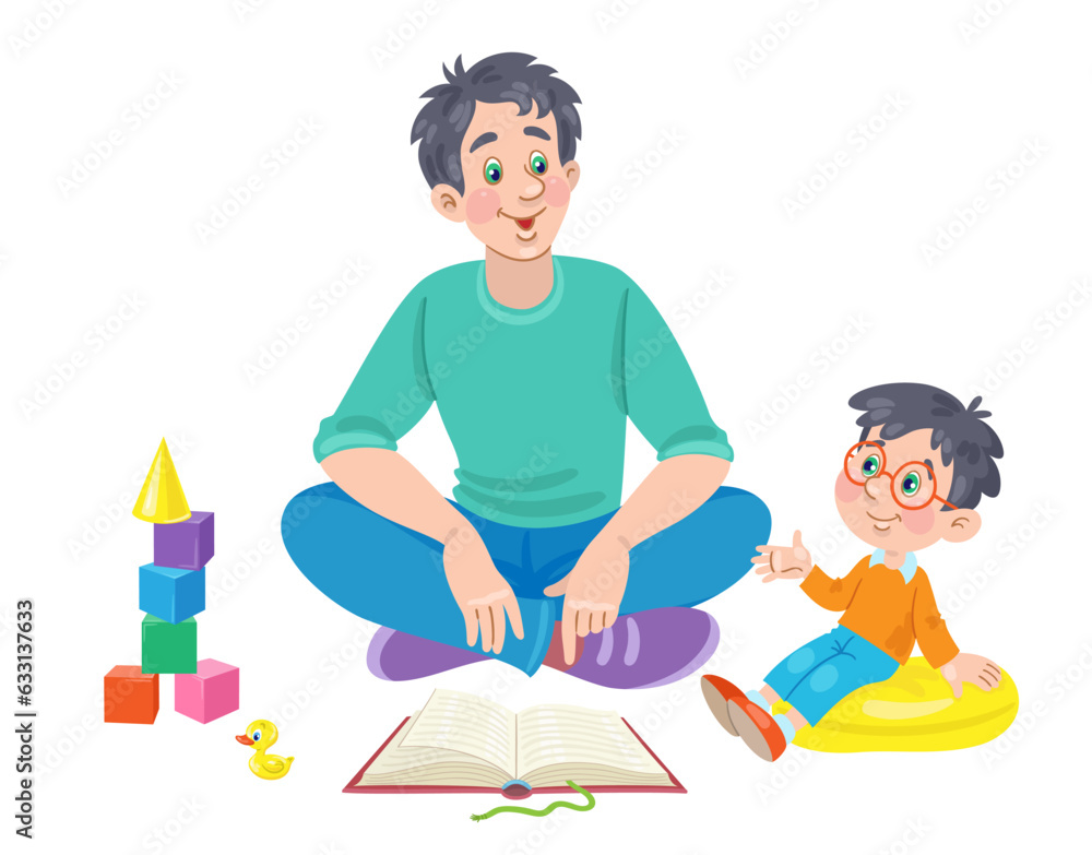 Wall mural Young father and little son are sitting and reading a book. In cartoon style. Isolated on white background. Vector flat illustration