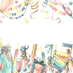 The square frame is bright, congratulatory. Watercolor illustration hand drawn. For the design and decoration of postcards, posters, banners. photo zones, invitations. Template on a white background