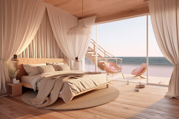Modern bedroom interior in white with sea views. Generative AI