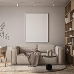 Mockup poster frame on the wall of living room. Luxurious apartment background with contemporary design. Modern interior design. 3D render, 3D illustration