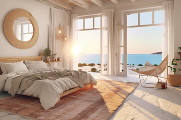 Beach bedroom interior in white. Generative AI