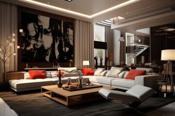 The modern living rooms interior description could be restated as the design and arrangement of a contemporary living space. - obrazy, fototapety, plakaty